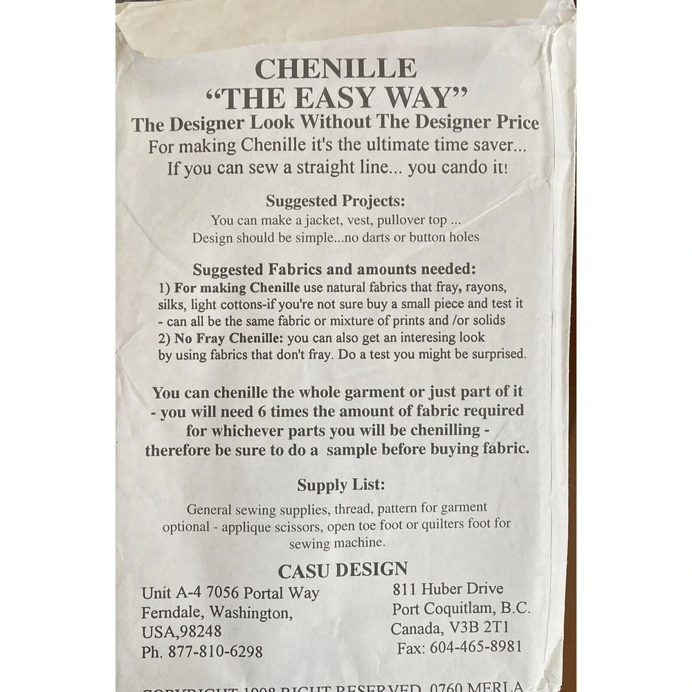 UNCUT/NEW - How to make CHENILLE the EASY WAY Pattern. 0760 Merla.